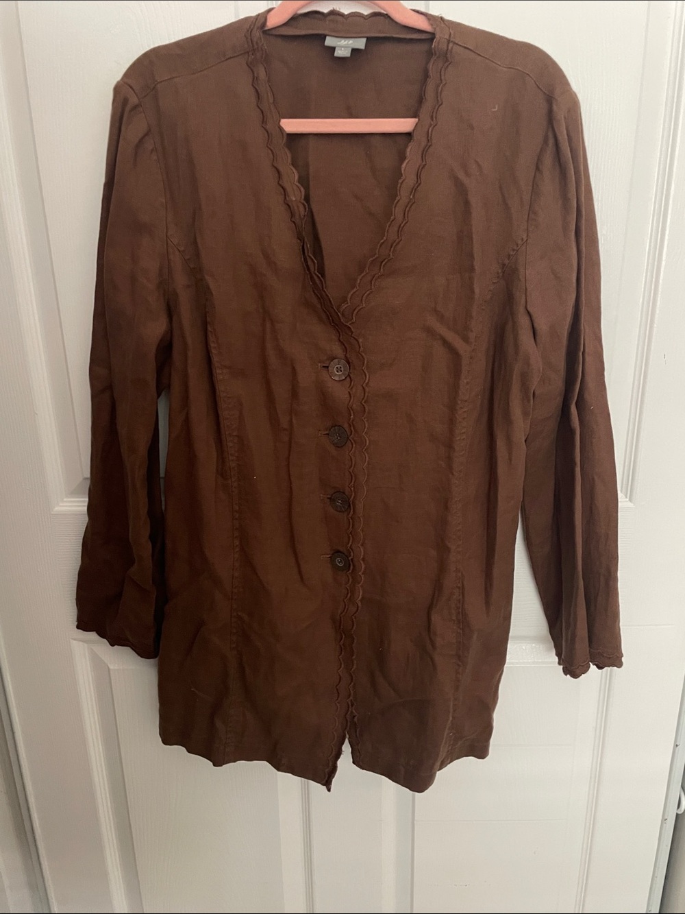 J. Jill Brown Button-Front Linen-Blend Top with Scalloped Trim